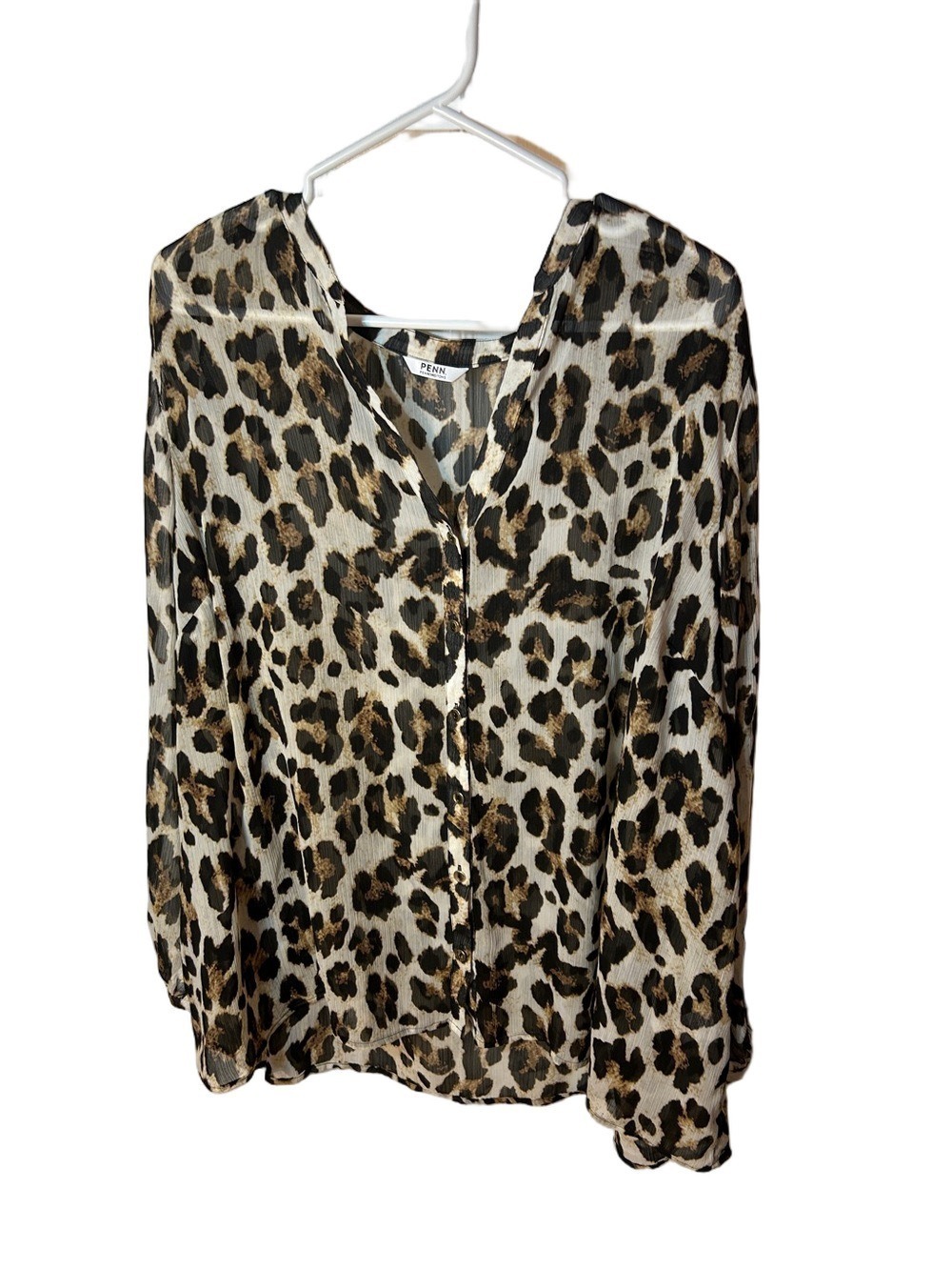 Penningtons Leopard Print Sheer V-Neck Blouse in Beige, Brown, Black size 2X